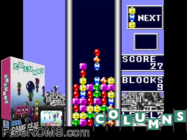 Columns Game Gear game showing 3D box cover and gameplay screenshot